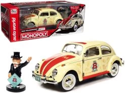 1/18 Auto World 1963 Volkswagen Beetle Yukon Yellow With "Monopoly" Graphics "Free Parking" And Mr. Monopoly Resin Figure Diecast Car Model