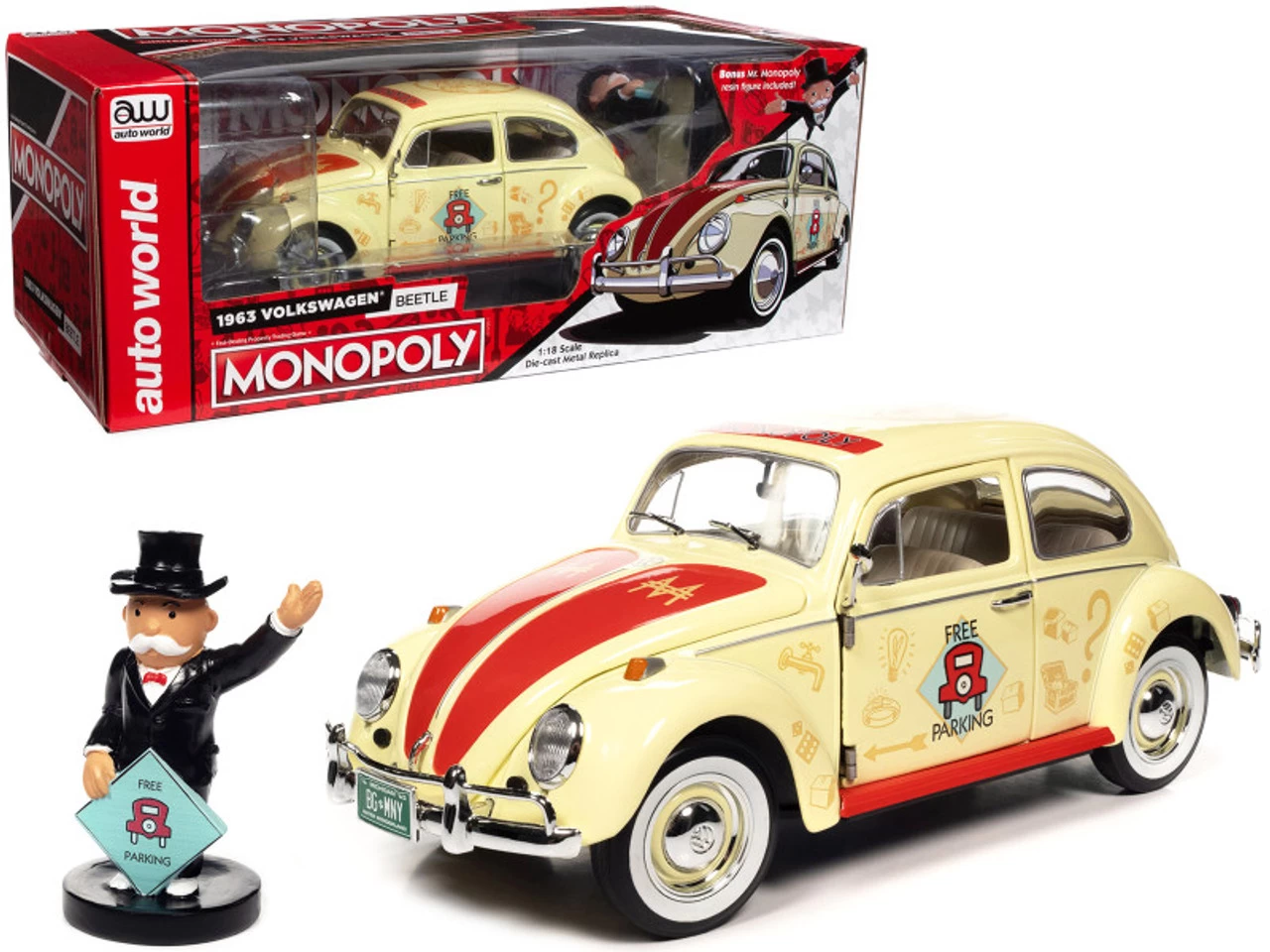 1/18 Auto World 1963 Volkswagen Beetle Yukon Yellow With "Monopoly" Graphics "Free Parking" And Mr. Monopoly Resin Figure Diecast Car Model 3 1/18 Auto World 1963 Volkswagen Beetle Yukon Yellow With "Monopoly" Graphics "Free Parking" And Mr. Monopoly Resin Figure Diecast Car Model