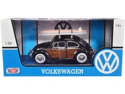 1966 Volkswagen Beetle Black With Wood Panels And Two Surfboards On Roof Rack 1/24 Diecast Model Car By Motormax