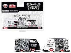 Set Of 2 1960 Volkswagen Delivery Van Custom Black And White With Red Interiors "Dia De Los Muertos" ("Day Of The Dead") Limited Edition To 5500 Pieces Worldwide 1/64 Diecast Model Cars By M2 Machines