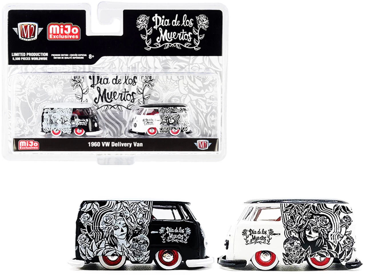 Set Of 2 1960 Volkswagen Delivery Van Custom Black And White With Red Interiors "Dia De Los Muertos" ("Day Of The Dead") Limited Edition To 5500 Pieces Worldwide 1/64 Diecast Model Cars By M2 Machines 3 Set Of 2 1960 Volkswagen Delivery Van Custom Black And White With Red Interiors "Dia De Los Muertos" ("Day Of The Dead") Limited Edition To 5500 Pieces Worldwide 1/64 Diecast Model Cars By M2 Machines