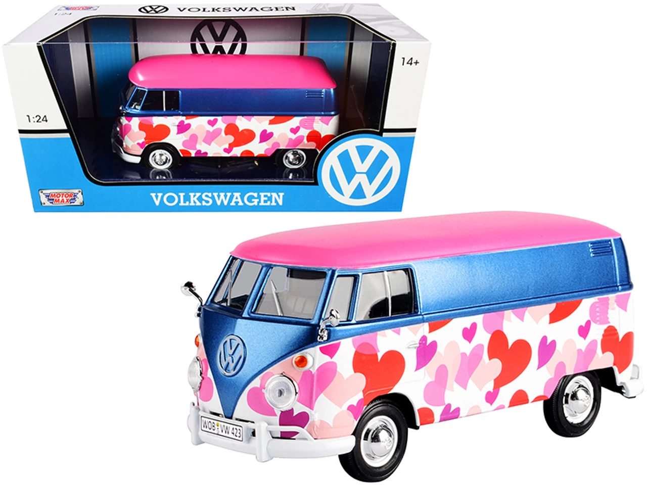 Volkswagen Bus Type 2 (T1) Delivery Van "Love" Pink And Blue Metallic 1/24 Diecast Model Car By Motormax 3 Volkswagen Bus Type 2 (T1) Delivery Van "Love" Pink And Blue Metallic 1/24 Diecast Model Car By Motormax