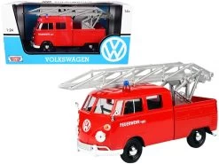 Volkswagen Type 2 (T1) Fire Truck With Aerial Ladder "Feuerwehr" Red 1/24 Diecast Model Car By Motormax