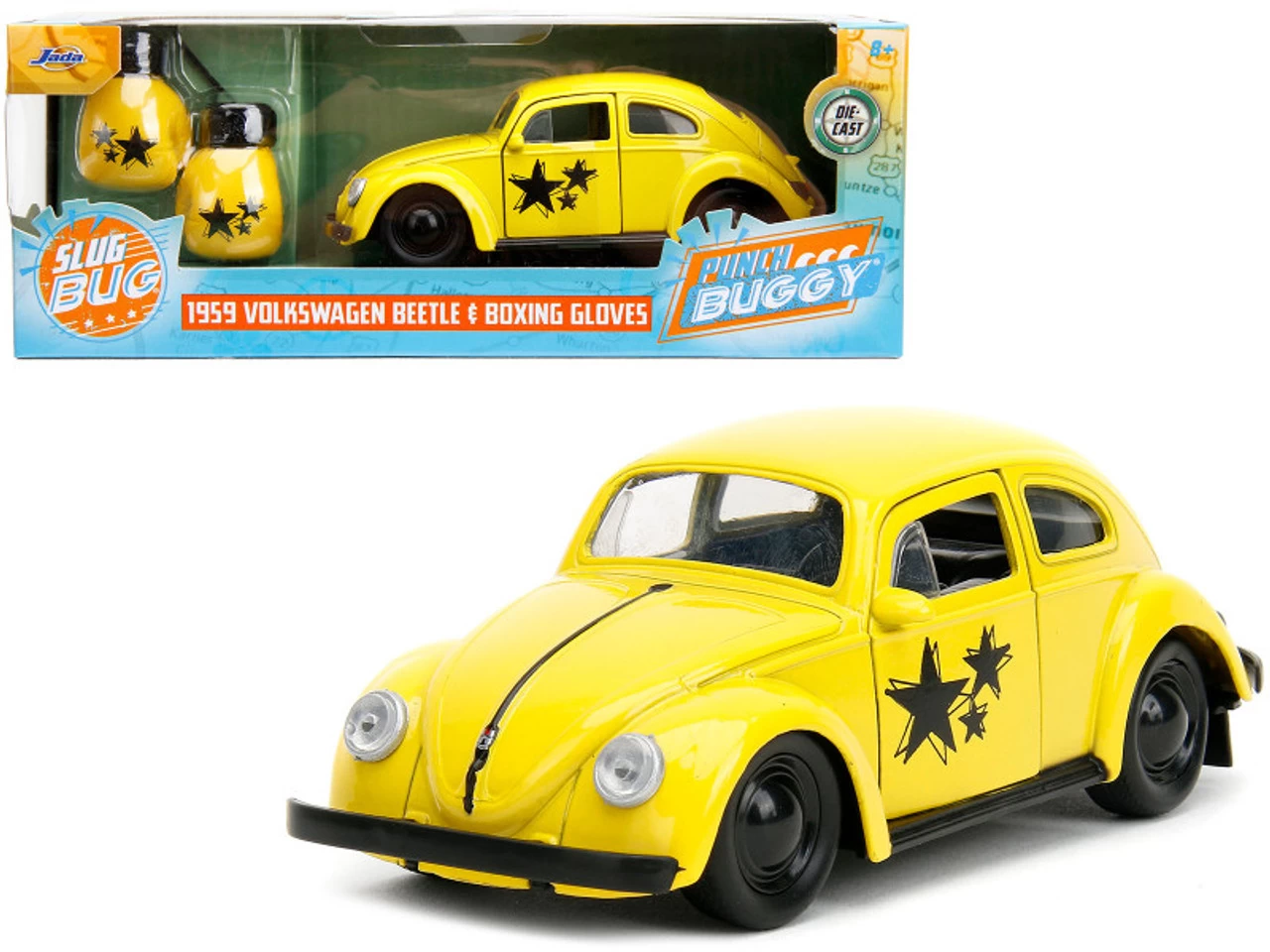 1959 Volkswagen Beetle Yellow With Black Graphics And Boxing Gloves Accessory "Punch Buggy" Series 1/32 Diecast Model Car By Jada 3 1959 Volkswagen Beetle Yellow With Black Graphics And Boxing Gloves Accessory "Punch Buggy" Series 1/32 Diecast Model Car By Jada