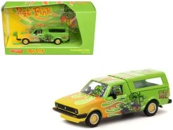 Volkswagen Caddy Pickup Truck With Camper Shell Green With Flames And Graphics "Rat Fink" "Collab64" Series 1/64 Diecast Model Car By Schuco & Tarmac Works