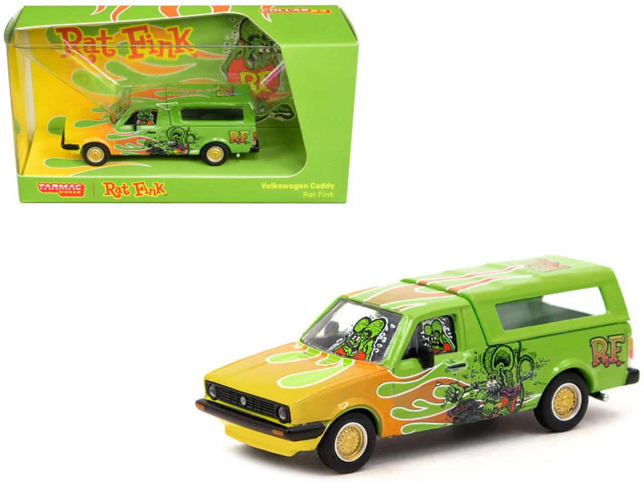 Volkswagen Caddy Pickup Truck With Camper Shell Green With Flames And Graphics "Rat Fink" "Collab64" Series 1/64 Diecast Model Car By Schuco & Tarmac Works 3 Volkswagen Caddy Pickup Truck With Camper Shell Green With Flames And Graphics "Rat Fink" "Collab64" Series 1/64 Diecast Model Car By Schuco & Tarmac Works