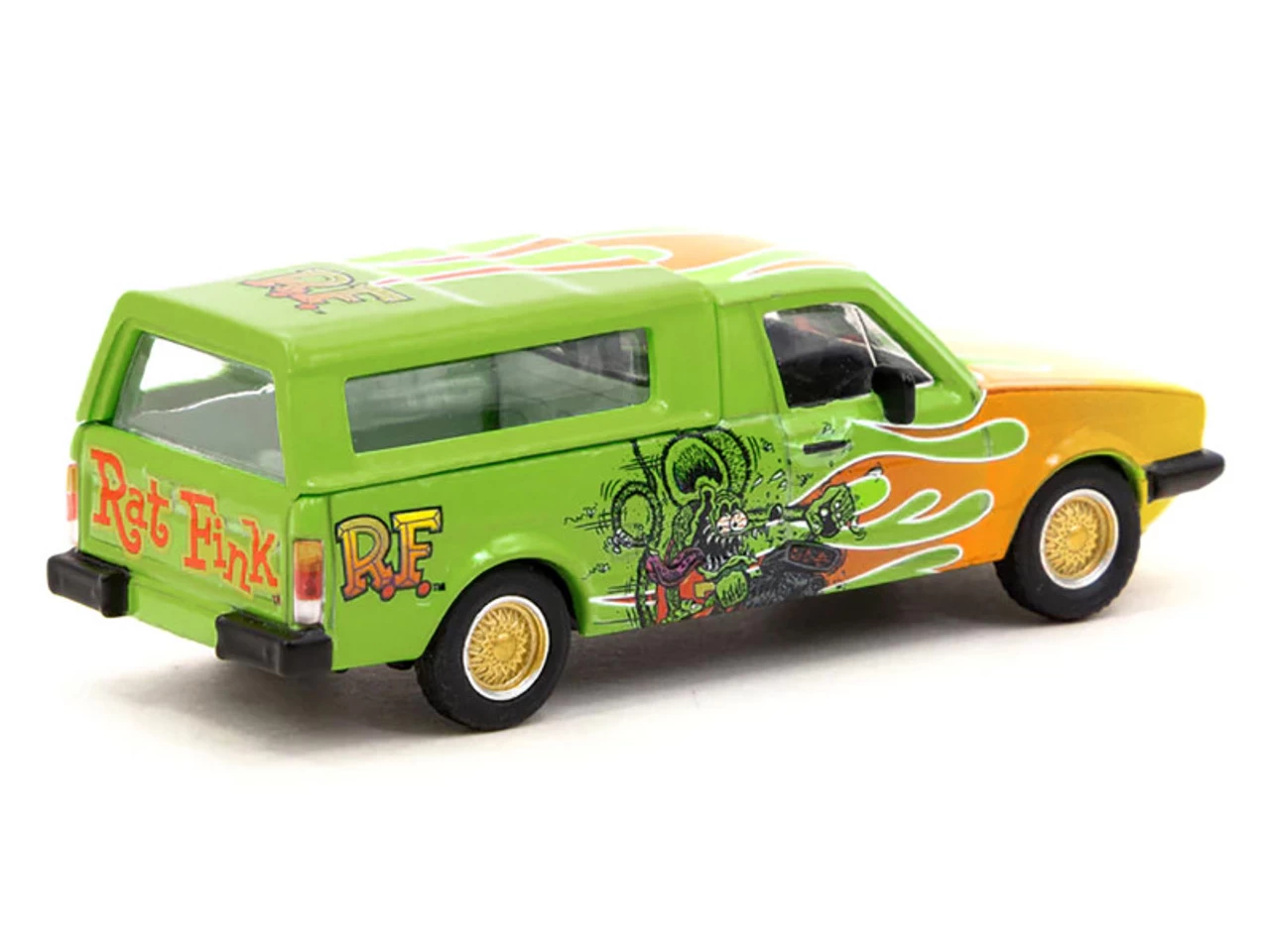 Volkswagen Caddy Pickup Truck With Camper Shell Green With Flames And Graphics "Rat Fink" "Collab64" Series 1/64 Diecast Model Car By Schuco & Tarmac Works 4 Volkswagen Caddy Pickup Truck With Camper Shell Green With Flames And Graphics "Rat Fink" "Collab64" Series 1/64 Diecast Model Car By Schuco & Tarmac Works - Image 2