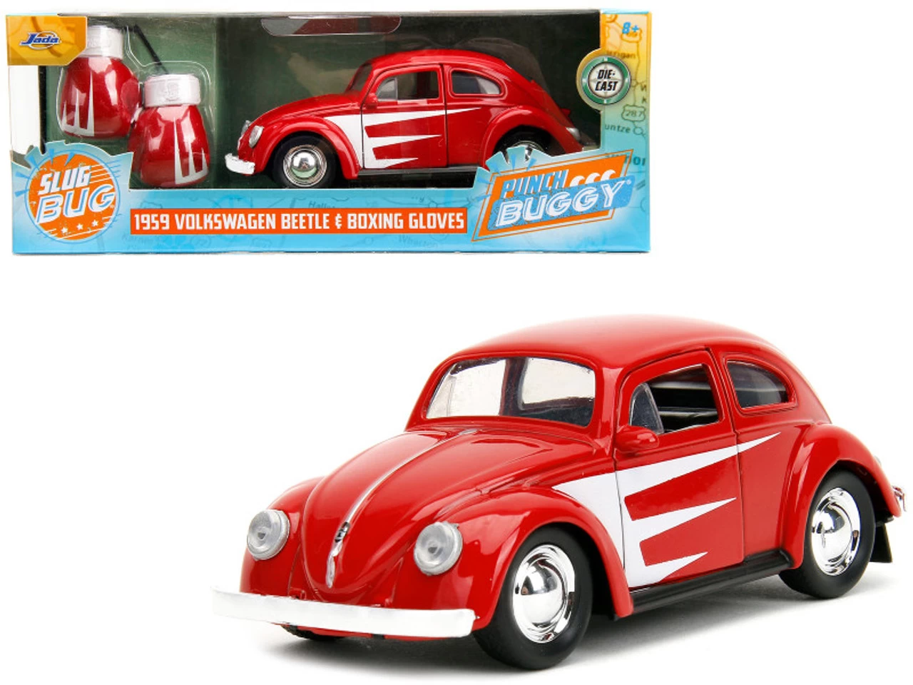 1959 Volkswagen Beetle Red With White Graphics And Boxing Gloves Accessory "Punch Buggy" Series 1/32 Diecast Model Car By Jada 3 1959 Volkswagen Beetle Red With White Graphics And Boxing Gloves Accessory "Punch Buggy" Series 1/32 Diecast Model Car By Jada