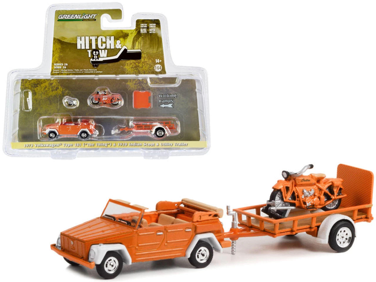 1973 Volkswagen Thing (Type 181) Convertible Orange And 1920 Indian Scout Motorcycle Orange With Utility Trailer "Hitch & Tow" Series 26 1/64 Diecast Model Car By Greenlight 3 1973 Volkswagen Thing (Type 181) Convertible Orange And 1920 Indian Scout Motorcycle Orange With Utility Trailer "Hitch & Tow" Series 26 1/64 Diecast Model Car By Greenlight
