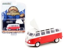 1964 Volkswagen Samba Bus Red And White With Camp'otel Rooftop Sleeper Tent "The Great Outdoors" Series 1 1/64 Diecast Model Car By Greenlight