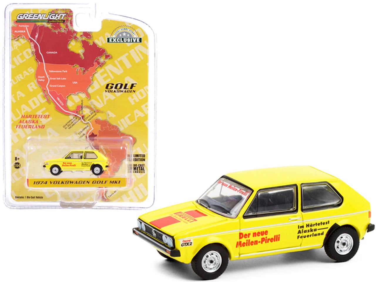 1974 Volkswagen Golf Mk1 "Pirelli" Yellow With Red Stripe "Hartetest Alaska-Feuerland" Alaska (USA) To Tierra Del Fuego (Argentina) Car #2 "Hobby Exclusive" 1/64 Diecast Model Car By Greenlight 3 1974 Volkswagen Golf Mk1 "Pirelli" Yellow With Red Stripe "Hartetest Alaska-Feuerland" Alaska (USA) To Tierra Del Fuego (Argentina) Car #2 "Hobby Exclusive" 1/64 Diecast Model Car By Greenlight