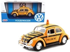 1966 Volkswagen Beetle "Follow Me" Airport Safety Vehicle Yellow With Black Stripes 1/24 Diecast Model Car By Motormax