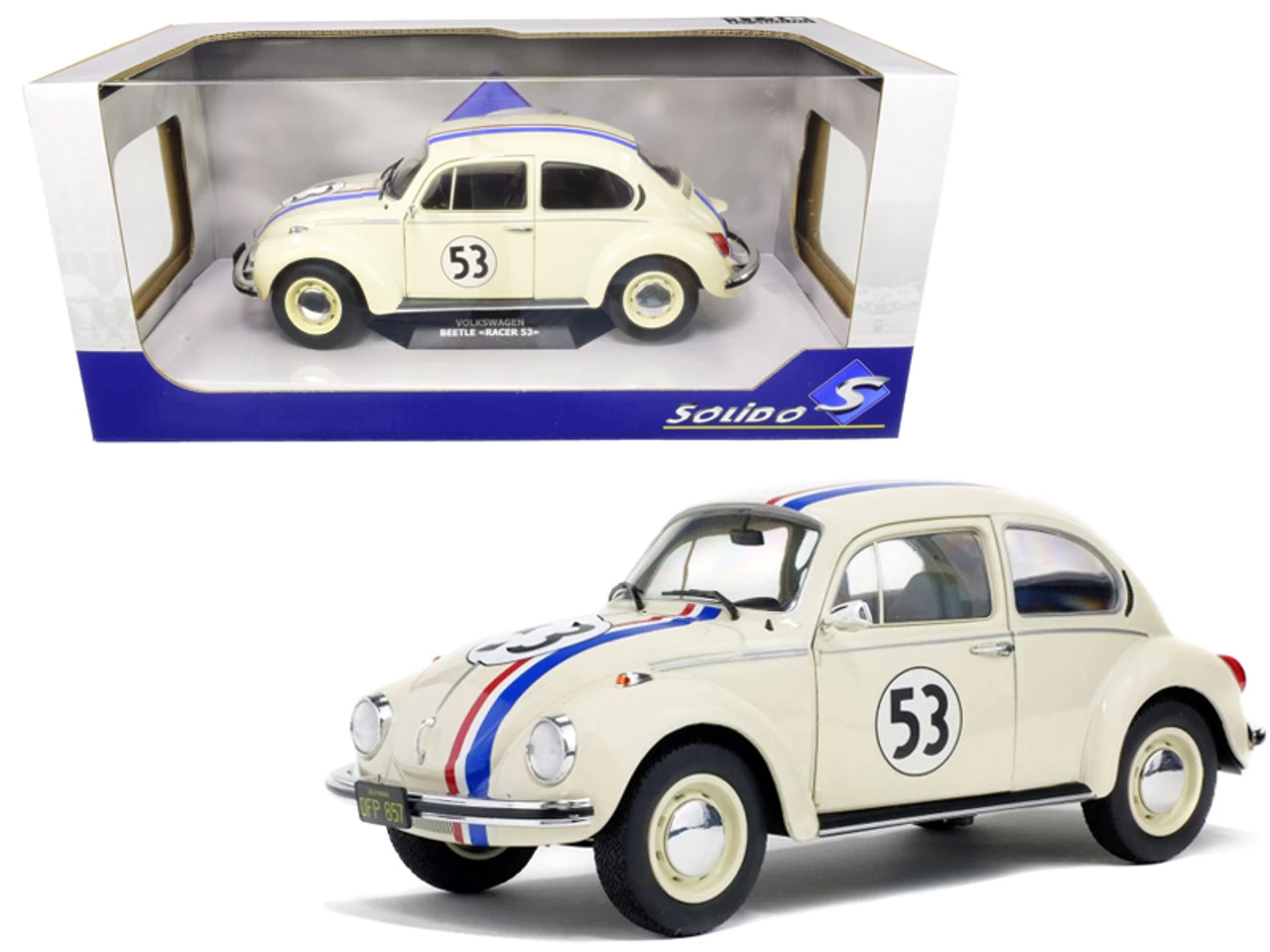 1/18 Solido Volkswagen Beetle Racing #53 Cream Diecast Car Model 3 1/18 Solido Volkswagen Beetle Racing #53 Cream Diecast Car Model