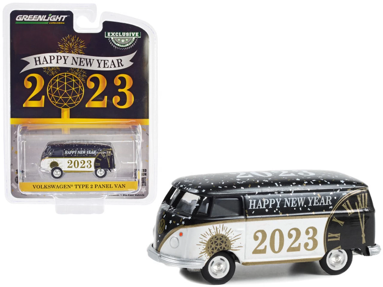Volkswagen Type 2 Panel Van "Happy New Year 2023" Black And White "Hobby Exclusive" Series 1/64 Diecast Model By Greenlight 3 Volkswagen Type 2 Panel Van "Happy New Year 2023" Black And White "Hobby Exclusive" Series 1/64 Diecast Model By Greenlight