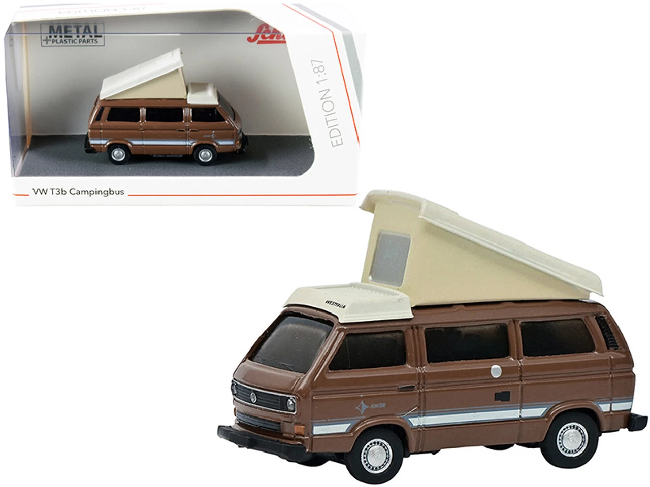 Volkswagen T3b Joker Camper Bus With Pop-Top Roof Brown And Cream 1/87 (HO) Diecast Model By Schuco 3 Volkswagen T3b Joker Camper Bus With Pop-Top Roof Brown And Cream 1/87 (HO) Diecast Model By Schuco