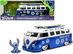 Volkswagen T1 Bus Candy Blue And White With Stitch Diecast Figurine And Surfboard "Lilo & Stitch" Disney "Hollywood Rides" Series 1/24 Diecast Model Car By Jada