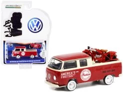 1968 Volkswagen Type 2 Double Cab Pickup Truck Red And Cream "America's First Motorcycle Company" And 1920 Indian Scout Motorcycle Red "Club Vee V-Dub" Series 13 1/64 Diecast Model Car By Greenlight