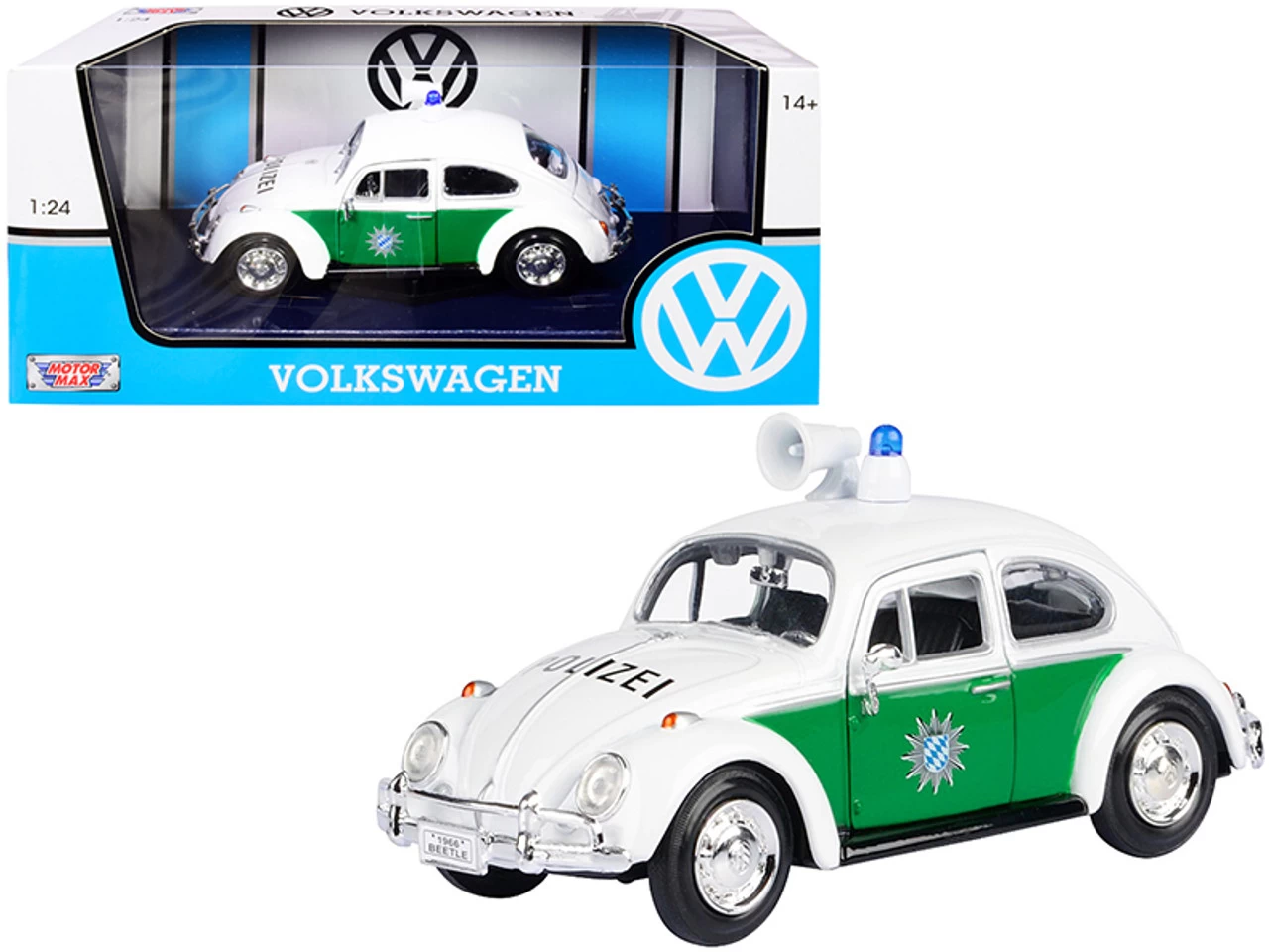 1966 Volkswagen Beetle German Police Car White And Green 1/24 Diecast Model Car By Motormax 3 1966 Volkswagen Beetle German Police Car White And Green 1/24 Diecast Model Car By Motormax