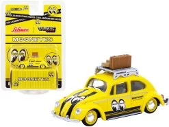 Volkswagen Beetle Low Ride Yellow With Roof Rack And Luggage "Mooneyes" "Collaboration Model" 1/64 Diecast Model Car By Schuco & Tarmac Works