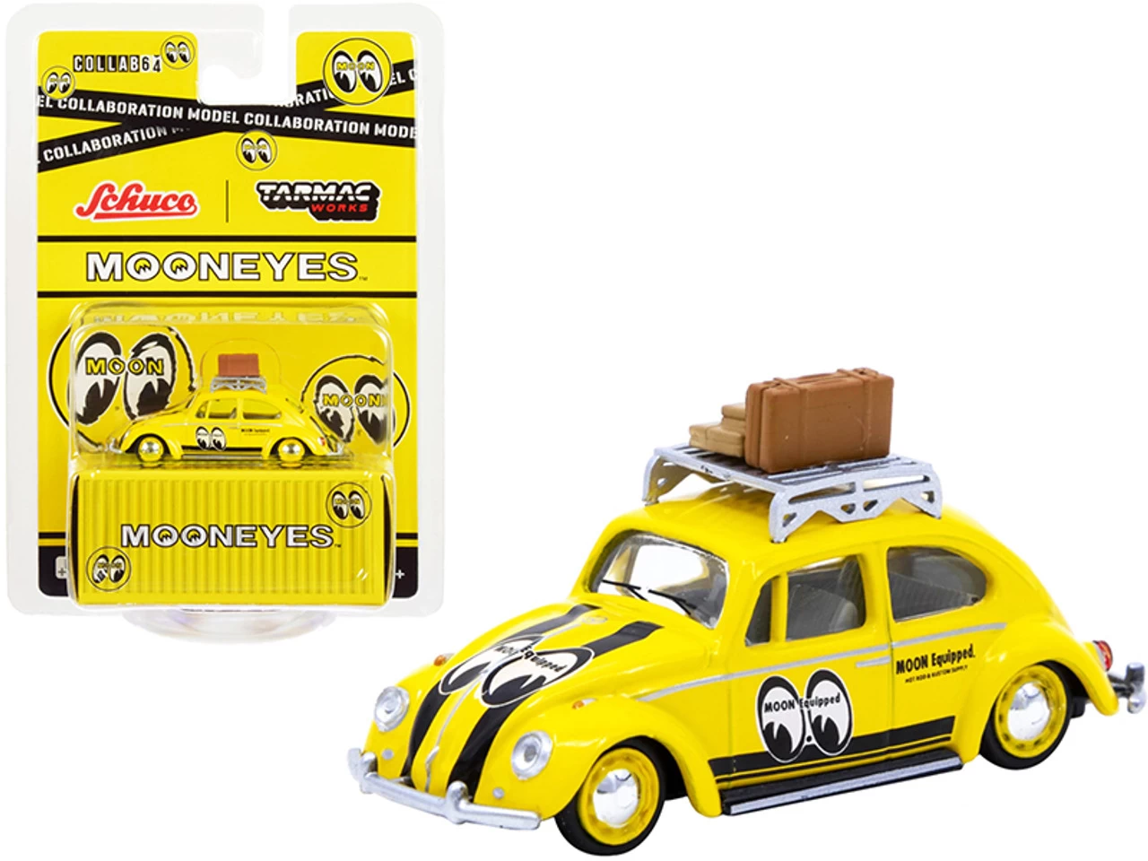 Volkswagen Beetle Low Ride Yellow With Roof Rack And Luggage "Mooneyes" "Collaboration Model" 1/64 Diecast Model Car By Schuco & Tarmac Works 3 Volkswagen Beetle Low Ride Yellow With Roof Rack And Luggage "Mooneyes" "Collaboration Model" 1/64 Diecast Model Car By Schuco & Tarmac Works