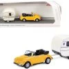 Volkswagen Beetle Kafer Convertible Yellow With Knaus Schwalbennest Travel Trailer Cream 1/87 (HO) Diecast Model Car By Schuco