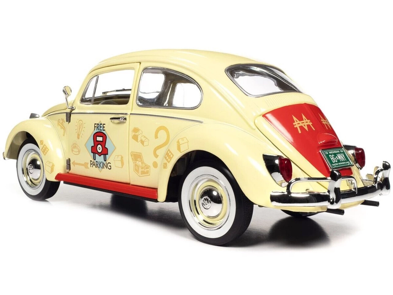 1/18 Auto World 1963 Volkswagen Beetle Yukon Yellow With "Monopoly" Graphics "Free Parking" And Mr. Monopoly Resin Figure Diecast Car Model 4 1/18 Auto World 1963 Volkswagen Beetle Yukon Yellow With "Monopoly" Graphics "Free Parking" And Mr. Monopoly Resin Figure Diecast Car Model - Image 2