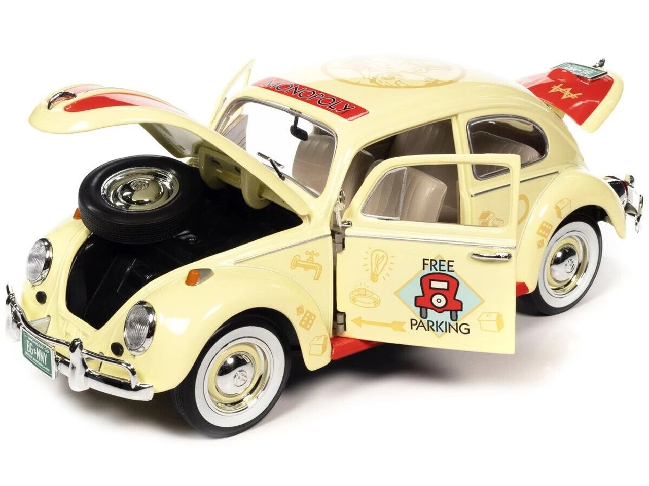 1/18 Auto World 1963 Volkswagen Beetle Yukon Yellow With "Monopoly" Graphics "Free Parking" And Mr. Monopoly Resin Figure Diecast Car Model 5 1/18 Auto World 1963 Volkswagen Beetle Yukon Yellow With "Monopoly" Graphics "Free Parking" And Mr. Monopoly Resin Figure Diecast Car Model - Image 3
